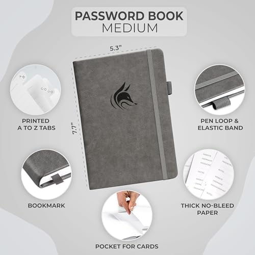 Clever Fox Password Book with Alphabetical Tabs, 5.3"x7.7" Keeper Grey