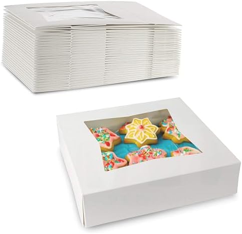 MT Products White Cookie Box 8" x 8" x 2.5" - Auto Pop-Up Bakery Boxes with Window (Pack of 15) - Made in USA
