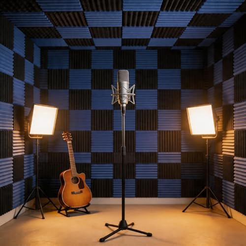 96 Pack Blue/black Absorb the echo Acoustic Foam Panel Wedge Studio Soundproofing Wall Tiles 12" X 12" X 1"(Accompanied By Double-Sided Adhesive Tape)
