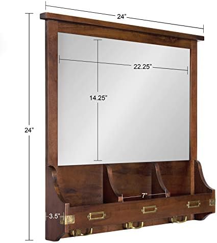 Kate and Laurel Stallard Decorative Wood Home Wall Organizer Mirror with Pockets and Key Hooks, Walnut Brown