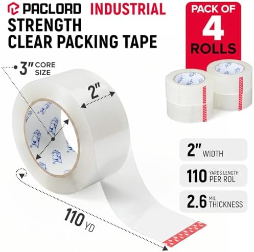 2" x 110 Yards Clear Packing Tape, Pack of 4 - Heavy-Duty 2.6 Mil Thick Carton Sealing Tape with Industrial Strength Adhesion for Packaging, Moving, or Shipping Boxes
