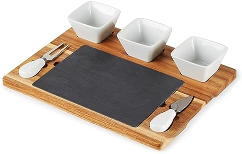 Twine Acacia & Slate Cheese Board Set - Charcuterie Board Bowls and Knives - Slate Cheese Tray Wood Cheese Board - 7-Piece Set of 1, Brown