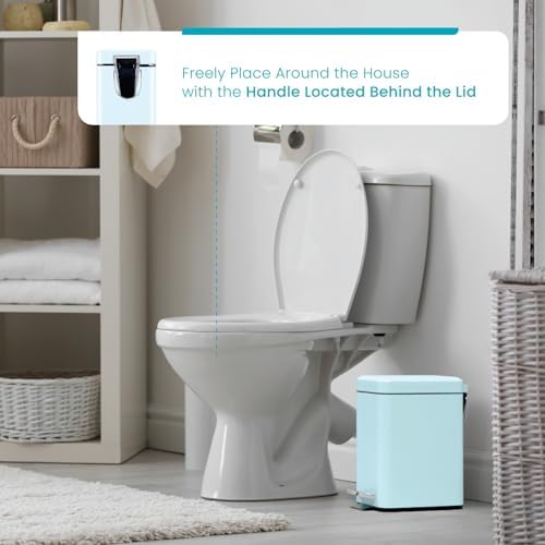 Home Zone Living 1.3 Gallon Small Bathroom Trash Can with Lid and Step Pedal, Stainless Steel Wastebasket with Slim Design for Home and Office, Powder Blue, 5 Liters