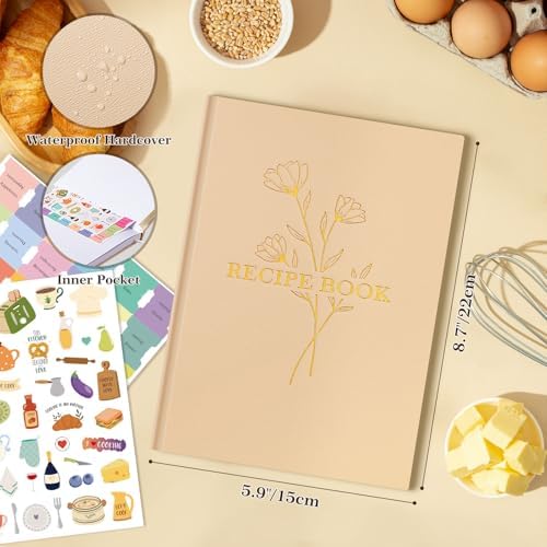 Lanpn Blank Recipe Book Cookbook to Write in Your Own Recipes, Waterproof A5 Empty Cooking Journal for 70 Recipes, Leather Cover Recipe Notebook with Stickers to Organize Your Family Recipes, Oat