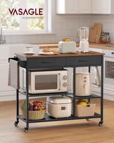 VASAGLE Kitchen Island Cart with Storage, 2 Drawers, Towel Rack | Rolling Kitchen Cart, Microcave Cart, for Kitchen, 38.8" Width, Rustic Brown and Ink Black, BARNET Collection UKKI010KD01