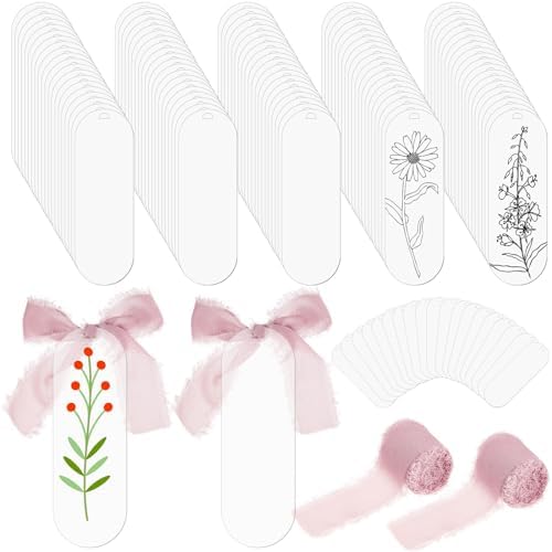 Yeaqee 100 Pcs Oval Shaped Clear Acrylic Bookmark Blanks with Ribbon