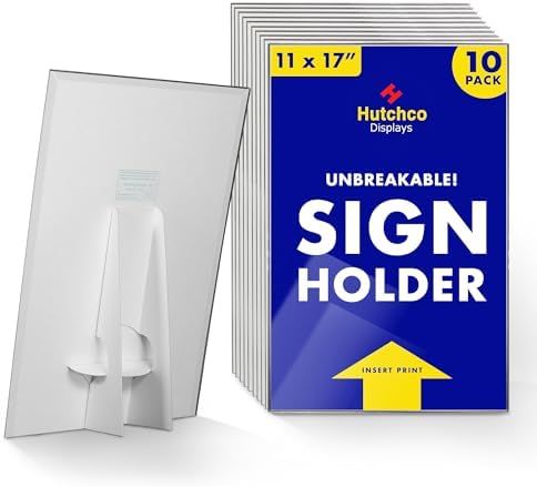 Paper Sign Holder (11 x 17 Inches) Plastic Countertop Display w/Shatterproof (No Acrylic) Clear Design & Cardboard Easel Back Tabletop Slant Support for Stackable Lightweight Portable by Hutchco