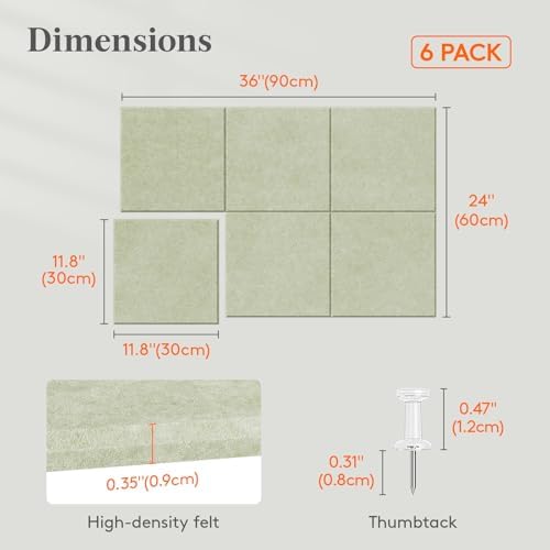 Lifewit 36"x 24" Felt Bulletin Board with Self-Adhesive, 6 Pack Cork Board Alternative for Walls, Large Pin Board Vision Board Message Board with 30 Pushpins for Office Decor, Room Decor, Sage