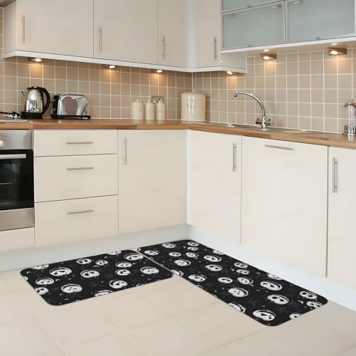 Thanksgiving Halloween Pumpkin Kitchen Floor Mat Set of 2, Non Slip Rugs Absorbent Mats for Floor Countertop Office Home, Black White Indoor Outdoor Decor Doormat 17" x 29.5" + 17" x 47"