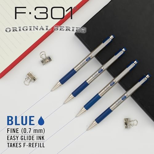 Zebra Pen STEEL F-301 Retractable Ballpoint Pen, Blue Ink, 0.7mm, 6-Pack