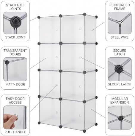 12-Cube Storage Organizer with Doors, Modular Closet Cabinet Storage Shelf, DIY Stackable Plastic Cube Bookshelf for Bed