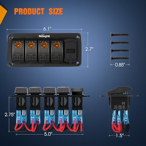 Nilight 4 Gang Rocker Switch Panel with PD Type C and USB Charger Voltmeter