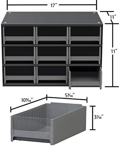 Akro-Mils Steel Garage Storage Cabinet, Small Parts Organizer Metal Cabinet for Hardware, Nails, Screws, Bolts, Nuts, and More, 17" W x 11" D x 11" H, 9-Drawer, Gray Cabinet/Black Drawers (19909)