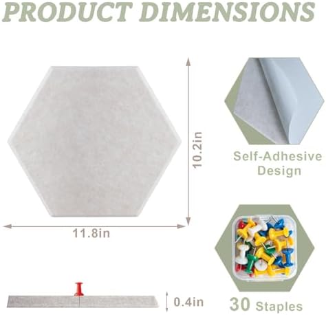 8 Pack Hexagon Cork Board Alternative for Walls Decor, 12" x 10" Self-Adhesive Felt Bulletin Board Tiles with 30 Pushpins, Acoustic Panels for Office,Classrooms (Minimalist Neutral)