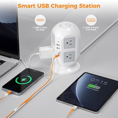 TESSAN Tower Power Strip 15 ft, Long Flat Extension Cord，Multiple Outlets