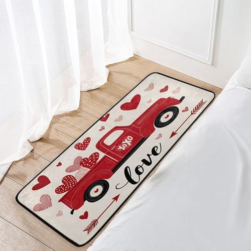 Aslsiy Retro Red Truck Hearts Love (12) Kitchen Rug Kitchen Mats Valentines Floor Comfort Welcome Washable Non Slip Area Rug for Home Decor 39" X 20"