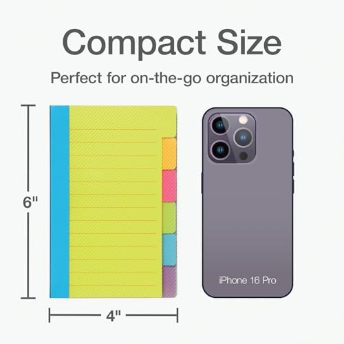 Redi-Tag Divider Sticky Notes, Tabbed Self-Stick Lined Note Pad, 60 Ruled Notes, 4 x 6 Inches, Assorted Neon Colors (29500)