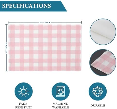 Christmas Placemats Set of 6, Rustic Pink White Buffalo Check Plaid Pattern Heat Resistant Washable Table Place Mats Farmhouse Cotton Table Linens Party Holiday Decor For Kitchen Dining Outdoor Indoor