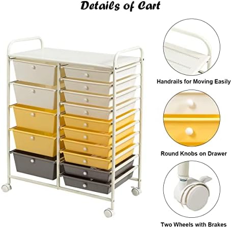 COSTWAY 15 Drawer Rolling Storage Cart, Mobile Utility Cart with Lockable Wheels, Drawers, Multipurpose Organizer Cart for Home, Office, School, Yellow