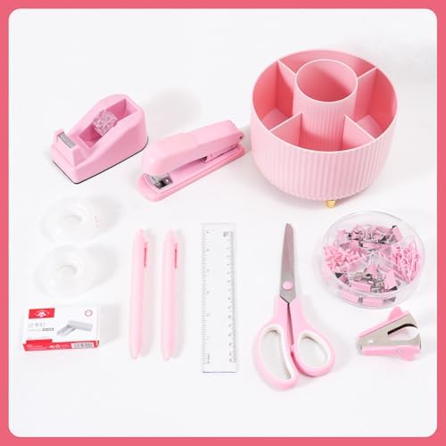 Gawsey Pink Desk Organizers and Accessories with Desk Organizer 360° Rotating Pen Holder and Office Supplies, Cute Stationery Supplies Set
