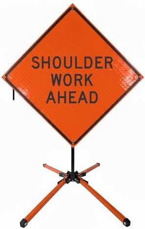 Traffic Roll-Up Sign Kit with Stand – Collapsible Safety Sign & Heavy-Duty Portable Stand, High Visibility, Easy Setup (Shoulder Work Ahead, Reflective)