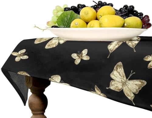 Golden Butterfly Tablecloth, Vintage Luxury Yellow Golden Butterflies Print Table Cloth for Kitchen Dining Coffee Table Outdoor Party Decor 60x120in