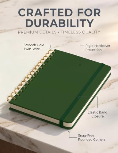 5 Pack Hardcover Spiral Notebooks, 8.3" x 6.3" Lined Journal Set, 100 GSM Bleed-Resistant Paper, 200 Pages Twin-Wire Bound Notebook with Elastic Band & Category Stickers for Office, School