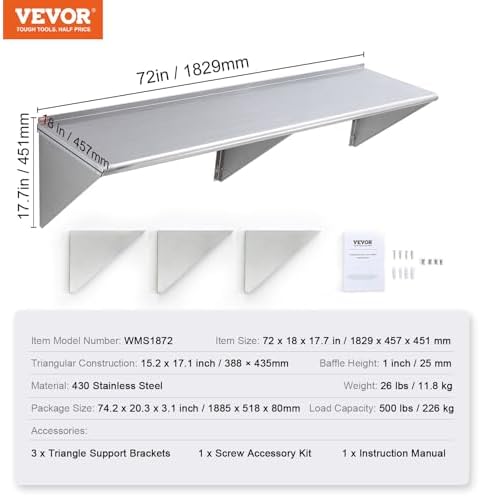 VEVOR 18" x 72" Stainless Steel Shelf, Wall Mounted Floating Shelving with Brackets, 500 lbs Load Capacity Commercial Shelves, Heavy Duty Storage Rack for Restaurant, Kitchen, Bar, Home, and Hotel