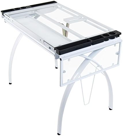 SD Studio Designs 10096 Futura Station with Folding Shelf Top Adjustable Drafting Craft Drawing Hobby Table Writing Studio Desk with Drawer, 35.5'' W x 23.75'' D, White/Clear Glass
