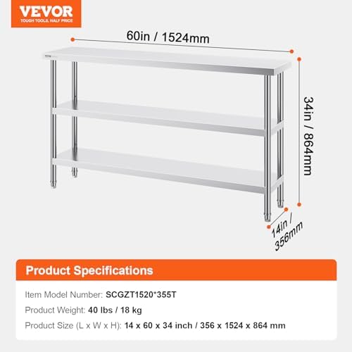VEVOR Stainless Steel Food Prep Table, 14 x 60 x 34 Inch Commercial Kitchen Worktable, with 2 Adjustable Undershelf, Heavy Duty Prep Table Metal Workstations for BBQ, Kitchen, Home, and Garage