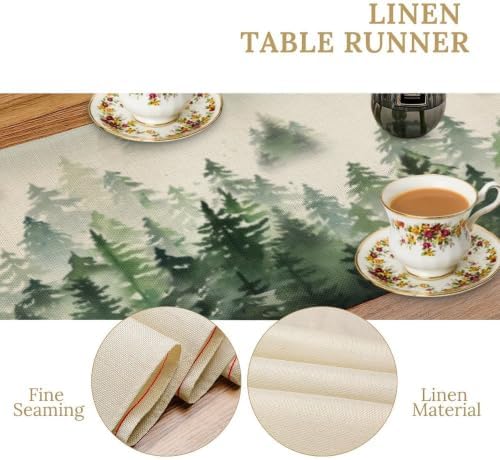 Watercolor Green Pine Trees Table Runner, Forest Woodland Tabletop Scarf Home Kitchen Holiday Decor, Seasonal Farmhouse Rustic Dining Decorations Party Supply 13 X 120 Inch