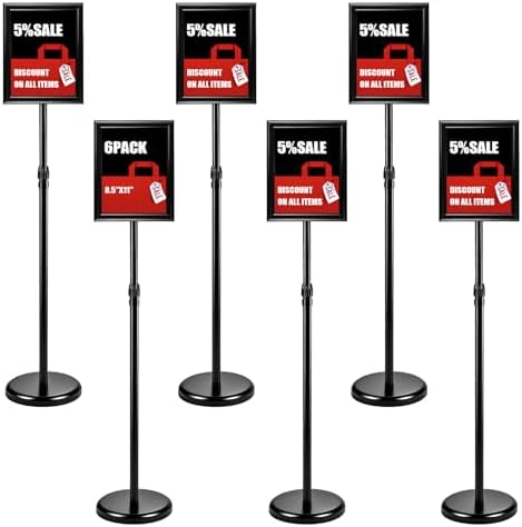6Pack Sign Holder Stand-8.5x11 inch，Adjustable Sign Stands For Display，Heavy Duty Floor Standing Sign Holder Stand Aluminum for Retail Store，Museum，Volunteer Cctivities（Black）