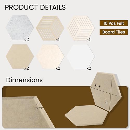 Cork Board Tiles, Magrowill 10-Pack Wall DIY Felt Panels Alternative Bulletin Board with Full Adhesive, 12x10 Inches Hexagon Interior Wall Decor Pin Board Felt Tiles for School Office Home Dorm
