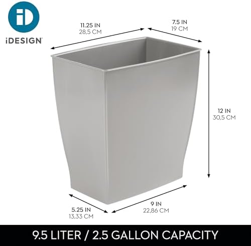 iDesign Small Plastic Bathroom Trash Can, Slim Rectangle, 2-Pack, Gray
