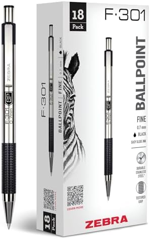 Zebra Pen STEEL F-301 Retractable Ballpoint Pen, Black Ink, 0.7mm, 18-Pack