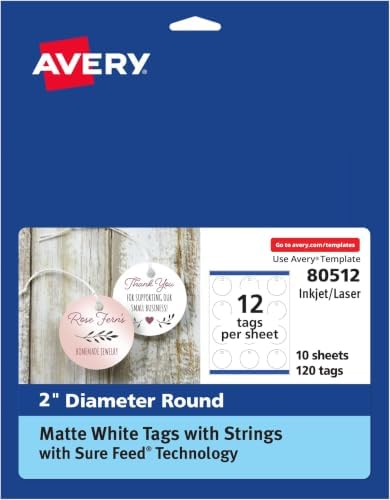 Avery Round Tags, Sure Feed Technology, 2" Diameter, Matte White, Strings Included, 600 Total, Print-to-The-Edge, Laser/Inkjet Printable (80512) (Pack of 5)