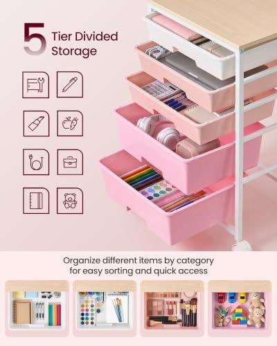 VASAGLE Rolling Cart with Drawers,5 Drawers Storage Cart, Pink