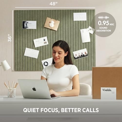 VIVELDA Felt Bulletin Board Tiles 48"x36" 12-Pack, Cork Board Alternative, OEKO-TEX Certified, NRC 0.95 Acoustic Wall Panels, Damage-Free Adhesive, Slatted Design, Home Office, Classroom (Khaki Green)
