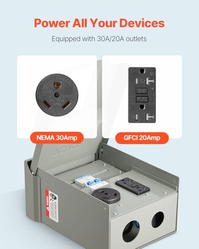 VEVOR Temporary Power Outlet Panel, RV Electrical Breaker Box with Prewired 30 Amp & 20 Amp GFCI Receptacle Circuit, Weatherproof RV Electrical Panel for RV Hookup Camper Travel Trailer Motorhome