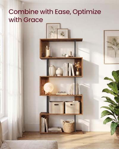 VASAGLE 6-Tier Book Shelf, S-Shaped Tall Display Shelf for Living Room | Bookcase Book Shelf, Tall Narrow Display Shelf Storage, Rustic Brown and Matte Black, BARNET Collection ULLS182KD01
