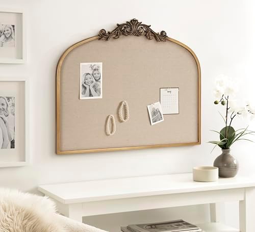 Kate and Laurel Arendahl Wide Decorative Arch Pinboard; 30 x 24; Gold; Framed Arched Ornate Vintage Cork Board for Use as Motivational Vision Board or Wall Organizer