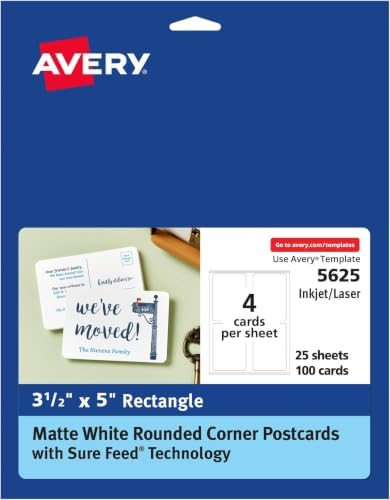AVERY Postcards, Matte White, 3.5" x 5" | Rounded Corners | Laser/Inkjet Printable | 100 Cards | Pack of 5