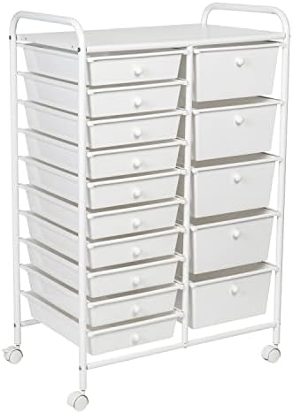 Honey-Can-Do 15-Drawer Metal Rolling Storage Cart, White Steel Multi-Purpose Organizer with Wheels, Heavy Duty Mobile Utility Trolley for Home Office, School, and Craft Supplies