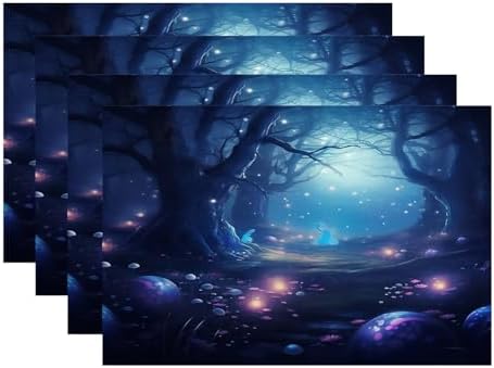 Batmerry Night Forest Glowing Elements Linen Placemats Set of 4, Mysterious Night Forest Scene Washable Table Mats for Kitchen Table Thickened Heat Insulation Dining Set Indoor Outdoor 12X18 in