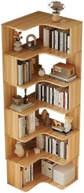 Vertical Wall Corner Shelf with Open Back 7-Shelf Wood Corner Bookshelf Floor Book Rack Multi-Layer Storage Shelf Against the Wall Bookcase Light Walnut 24" L x 24" W x 75" H