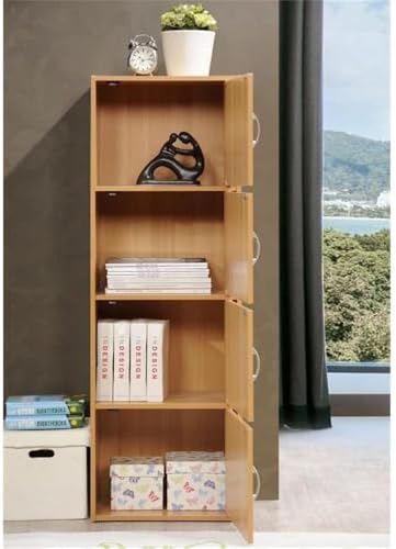 Pemberly Row 4 Shelf 4 Door Bookcase, Beech Finish, 47.4 in H x 15.91 in W x 11.75 in D, Slim Multi-Purpose Storage Unit for Office, Bedroom, Living Room, Kids Room or Entryway