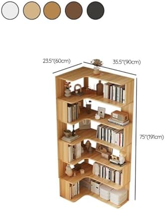 Vertical Wall Corner Shelf with Open Back 7-Shelf Wood Corner Bookshelf Floor Book Rack Multi-Layer Storage Shelf Against the Wall Bookcase Light Walnut 35" L x 24" W x 75" H