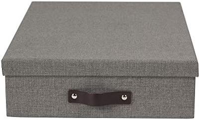 Bigso Oskar Canvas Fiberboard Document Letter Box - File Organizer Box for Important Paperwork - Document Storage with a Lid & Leather Handle - 3.3 in x 10.2 in x 13.8 in - Gray