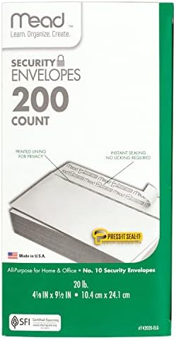 Mead #10 Security Business Envelopes Letter Size 4-1/8" x 9-1/2" – Peel and Seal, Privacy Lined, No-Window, Press-It Seal-It Self-Adhesive for Home & Office Mailing, 200 Count (742020) (Pack of 12)