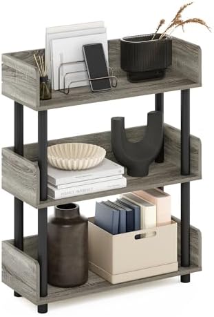 Furinno Turn-N-Tube 3-Tier Grey Storage Shelves with Side Panels, Book Shelf, Display Shelf, for Organization and Storage, Living Room, Home Office, Grey Oak